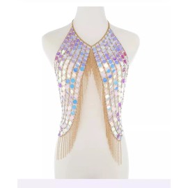 Unbranded Pink Sequins Tassel Holographic Crystal Bra Sparkly Body Gold Chain Rave Outfit