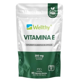 Wellthy Vitamina E 60 Cápsulas. 200mg de Vitamina E por porción, solo una Cápsulas al día, 60 porciones por envase para 2 meses de consumo. Bottle Free.