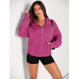 AUTOMET Womens Sweatshirts Half Zip Cropped Pullover Fleece Quarter Zipper Hoodies 2025 Fall Fashion Outfits Clothes Hotpink Large