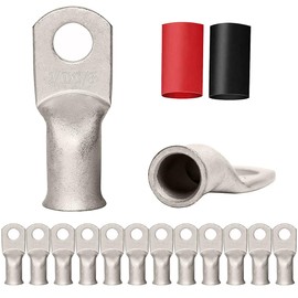 12PCS 2/0x3/8 Tinned Copper Ring Terminal Connectors 2/0 AWG Heavy Duty Battery Cable Ends Bare Copper Lugs with 12 PCS 3:1 Heat Shrink Tubing, 2/0AWGx3/8InchRing