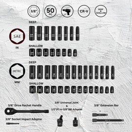 Noviitus 3/8" Drive Impact Socket Set, 50-Piece Standard SAE (5/16 to 3/4 inch) and Metric (8-22mm),6 Point, with Ratchet Handle, Extension Bar, Universal Joint