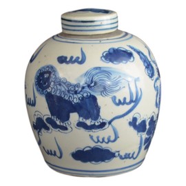 Retro Antique Like Style Blue and White Porcelain Lion Dancing Ceramic Covered Jar Vase, China Ming Style, Jingdezhen (LJ2)
