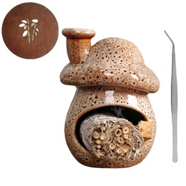 Zynzthos Mushroom Incense Holder, Brown Ceramic Palo Santo Holder Burner & Sage Holder - Mini Tabletop Chiminea Burner Tray with Ash Catcher, Cute Mushroom Decorations for Spiritual Meditation & Yoga