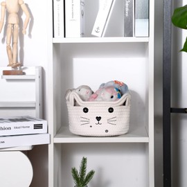 Cat Basket Storage Woven Basket Organizer with Ears Decorative Pet Toy Cute Basket Cotton Rope Basket for Gifts Cat Dog Toy Bin Nursery Room Kids Toy (White, 8.3 x 4.7 Inch)