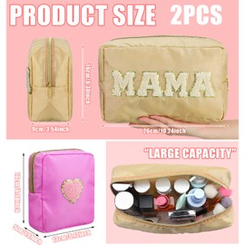 2 Pcs Mama Chenille Letter Preppy Makeup Bag Nylon Preppy Bag Cosmetic Makeup Pouch Portable Preppy Organizer with Zipper for Women Mother Girls Gifts Travel, 2 Sizes, Beige and Pink