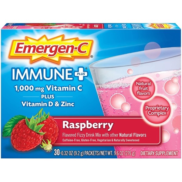 Emergen-C Immune+ (30 Count, Raspberry Flavor) System Support Dietary Supplement Fizzy Drink Mix With Vitamin D, 1000mg Vitamin C Plus Antioxidants & Electrolytes, 0.32 Ounce Packets