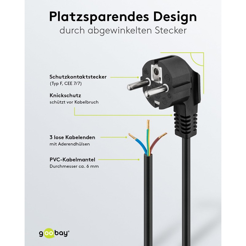 Goobay 50083 Angled Power Cable / Open Cable Ends &
