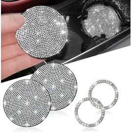 2pcs Bling Car Cup Holder Coasters & 2pcs Push Start Button, 2.75 inch Anti-Slip Shockproof Universal Vehicle Coasters Insert, Bling Car Interior Accessories for Women Suits for Most Cars (White)