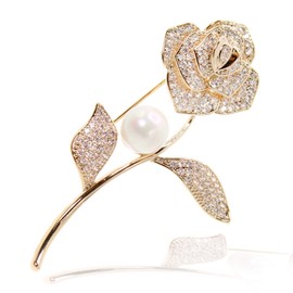 JIBSA Flower Rose Brooch Pin Cubic Zirconia Pearl Setting 18k Gold Filled Jewelry for Wedding Bridal Formal Look