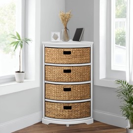 eHemco Hampton Meadows 4 Tier X-Side Corner Table Storage Cabinet with 4 Wicker Baskets, White