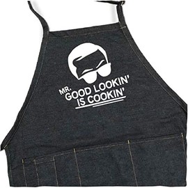 ApronMen - Mr. Good Looking is Cooking - BBQ Grill Apron - 1 Size Fits All Chef Apron 4 Pockets, Extra Long Waist Ties - Black Denim