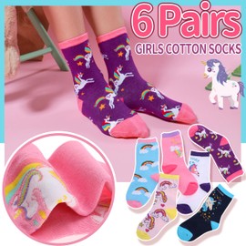 Girls Kids Socks Fun Animal Cute Funny Cartoon Crew Cotton Novelty Gifts Stocking Stuffers Socks 6 Pack(Unicorn,5-8 Y)