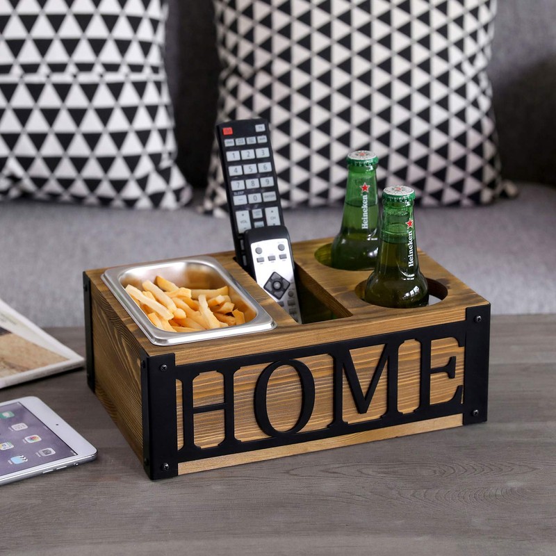 MyGift Rustic Burnt Wooden Snack Tray Caddy for Drinks, Snacks