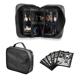 Travel Jewelry Organizer Bag, Jewellry Case Storage Book Binder with 7 Clear Zipper Velvet Pouch Traveling Jewelry Bags for Earrings, Rings, Necklace, Bracelet