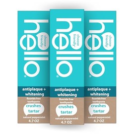 Hello Antiplaque Whitening Toothpaste, Fluoride Free Toothpaste for Teeth Whitening with Natural Peppermint Flavor and Tea Tree Oil, Peroxide Free, Gluten Free, SLS Free, 3 Pack, 4.7 OZ Tubes