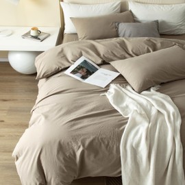 JIYUAN 100% Washed Cotton Duvet Cover Set 3 Pieces Queen, 1 Duvet Cover 90x90 Inches(Comforter Not Included) and 2 Pillowcases,Linen Feel Bedding Set Comfy and Breathable,Khaki