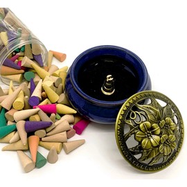 COOLPIPIT Incense Burner/Incense Set, Antique, Stylish, Pottery, Yoga, Interior, Swirl, Incense, Cone Type, Non-Flammable Fabric, Cone Mix, Set of 200, Set of 4 (Blue)