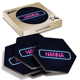4 x Hexagon Coasters - Neon Sign Design Hanna Name Cork Backed MDF Glossy Tea Coffee Accessory #353016