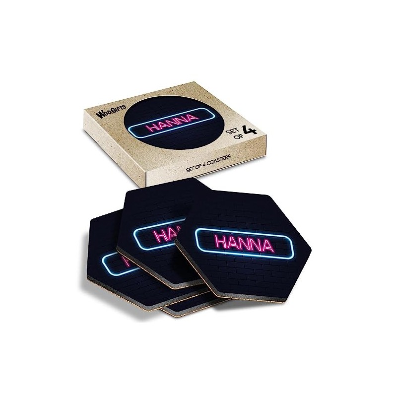 4 x Hexagon Coasters - Neon Sign Design Hanna Name
