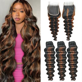 P1B/30 Human Hair Bundles with Closure Ombre 2 Tone Black Mixed with Brown Highlight Brazilian Loose Deep 3Bundles 20" 22" 24" and 4×4 Closure 20" for Women Sew In Glue In Quick Weave