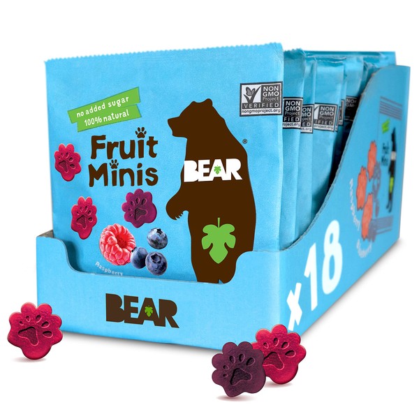 BEAR Real Fruit Snack Minis, Raspberry/Blueberry, No added Sugar, All Natural, Bite Sized Snacks for Kids, Non GMO, Gluten Free, Vegan, 0.7 Oz (Pack of 18)