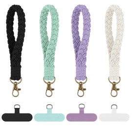 Classicseali 4 Stück Geflochtener Schlüsselanhänger,Boho Makramee Schlüsselanhänger,Makramee Anhänger,Armband Schlüsselband Kurz,Handgelenk Lanyard,Schwarz+Beige+Grün+Lila