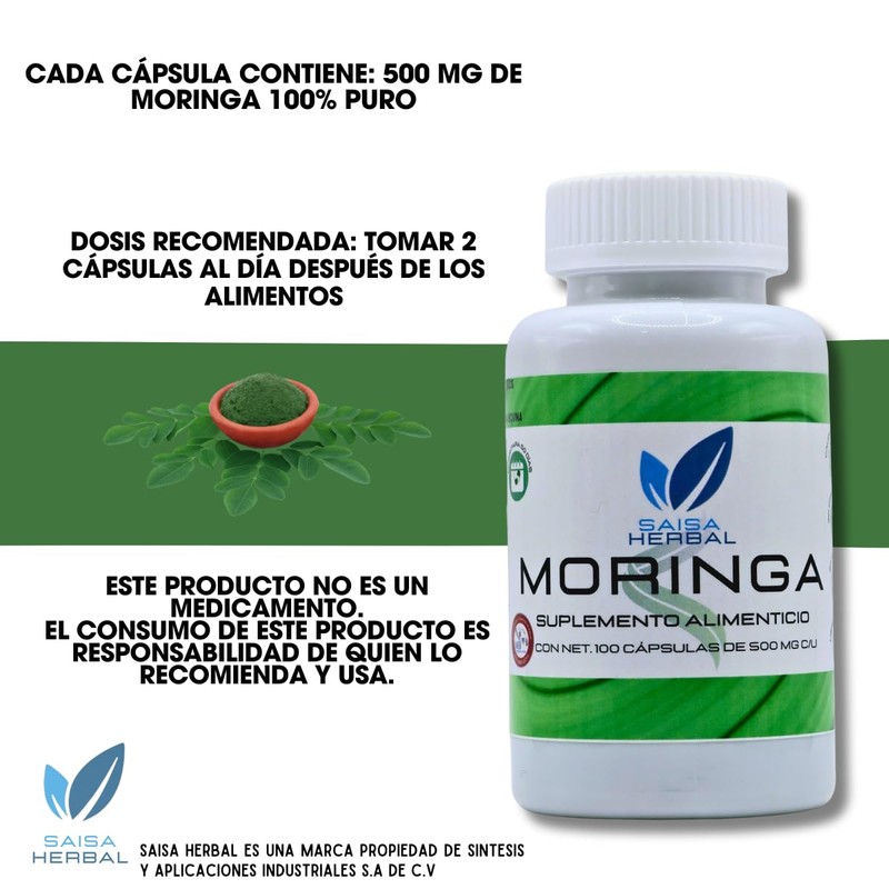 Moringa Orgánica 100% Pura bolsa con 100 cápsulas
