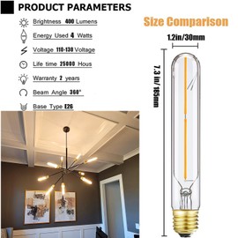 Duoled E26 Tubular LED Bulb 4W Equal 40 Watt Soft White 3000K Dimmable E26 Edison AC120V 400lm Tube T9 T10 LED Light Bulb for Rustic Pendant,Chandeliers,Wall sconces,6Pack