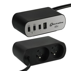 Electraline Electradock 35462 Power Strip with 2 French Sockets + 4 USB (3 USB C (Power Delivery) PD65W + 1 USB A QC) + 1 Desk Mount Included