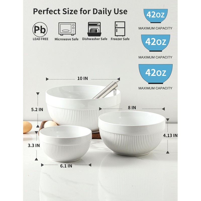 Large Ceramic Mixing Bowls, White Kitchen Bowls (1QT/2.3QT/4.6QT), Set of