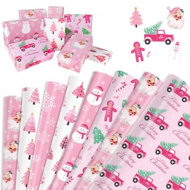 DPKOW Pink Christmas Wrapping Paper, 12 Sheets Recyclable Wrapping Paper Sheets Christmas Xmas Gift Wrapping Supplies, Christmas Birthday Gift Wrapping Paper Christmas Tree Santa Snowman Craft Paper