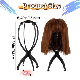 5Pack Wig Stand, Portable Wig Head Stands Collapsible Wig Holders for All Wigs and Hats (Black,13.8in）