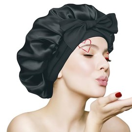 Silk Bonnet for Sleeping Women, Ajustable Hair Bonnet for Curly Hairs Satin Bonnet Reduce Friction Prevent Frizz Black，Large