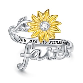 Faith Ring Sunflower Rings for Women, 925 Sterling Silver You are My Sunshine CZ Ring Faith Adjustable Open Band Rings Sunflower Jewelry Gifts for Women Size 7-8