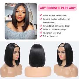 Glowig U Part Wig Human Hair Straight Bob Wigs For Women Brazilian Remy Hair Short Bob Human Hair Wigs Clip in UPart Wig Human Hair Natural Black Color 10 Inch