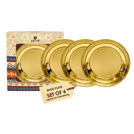 SATVIK 6 Pc Set Pure Brass Pujan Prasad Bhog Thali Mandir Temple Indian Hindu Rituals Diwali Festive Kahnaji Bhog Puja Plate Indian Housewarming Return Gift Items Bulk