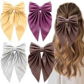 Bow Hair Clips for Women Large Faux Leather Hair Bows PU Hair Ribbon Clips with Long Tail Big Bow Metal Barrettes Hair Accessories for Women with 4PCS