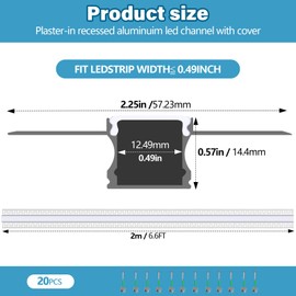 Glooglitter 20 Pcs 6.6ft/ 2 Meter Plaster-in LED Channel Trimless LED Diffuser Channel Recessed Drywall Aluminum LED Profile with End Caps for Wall Drywall Ceiling (0.49 Inch Wide)