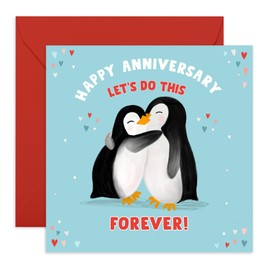 Happy Anniversary Card for Him Her – ‘Let’s Do This Forever!’ – Romantic Love Card for Boyfriend, Girlfriend, Wife, Husband, Fiance, Spouse, Partner - Penguin Couple Hug - Comes with Fun Stickers