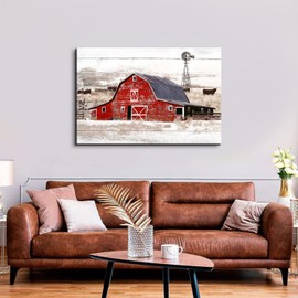 Red Barn Wall Art for Kitchen Living Room Farmhouse Windmill Pictures Western Wall Decor Vintage Country Landscape Painting Highland Cow Poster Retro Canvas Prints Cabin Home Decorations 32x48"
