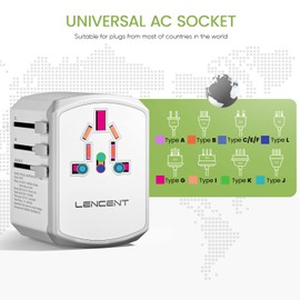 LENCENT Adaptador Enchufe de Viaje Universal, Cargador Internacional de 3 Puertos USB-A y 1 USB-C para Más de 200 Países Enchufe Tipo A/C/G/I (EE. UU./UE/Reino Unido/AUS), Blanco