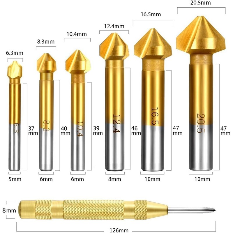 Shallho 6-Piece 90° Countersink Set, HSS Countersink Set, Titanium Coating,