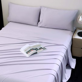 Viviland Cooling Queen Sheets, Bamboo Viscose with Elastic Corner Straps, Lilac Cold Siky Sheet & Pillowcase Sets for Hot Sleepers