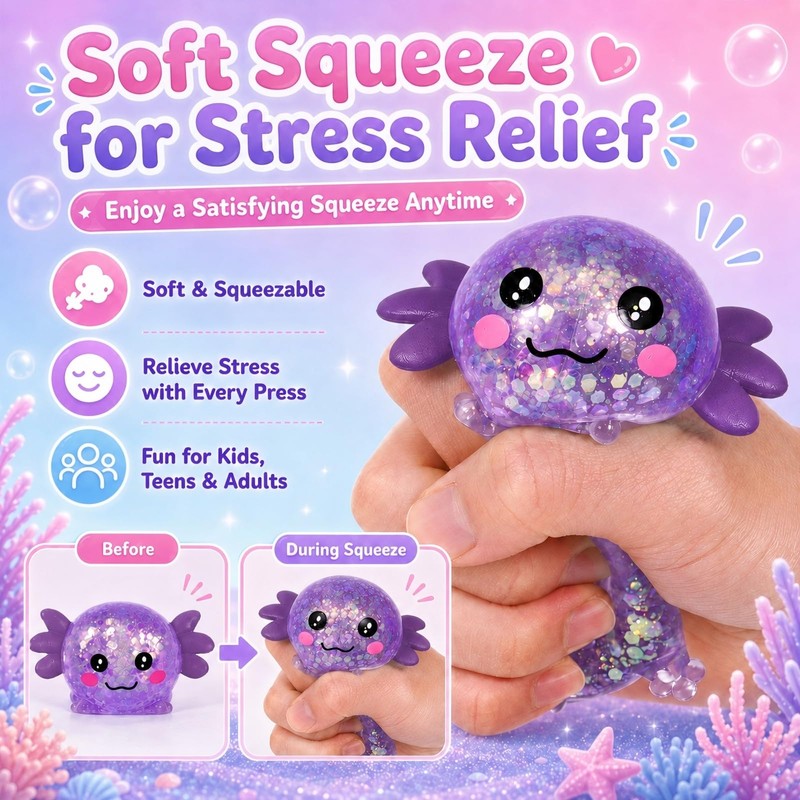 Asgzed Axolotl Squishy Stress Relief Toy Cute Glitter Squishy Axolotl