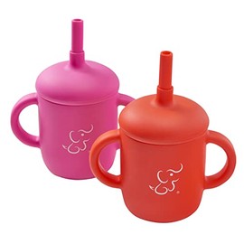 PAPU BABY Set de 2 Vasos/Tazas Entrenadoras 100 de silicón con popote y asas. (Rosa Mexicano/Rojo)