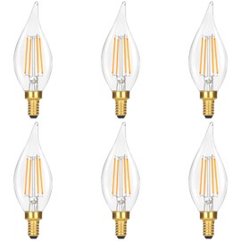 GoBright Dimmable LED Candelabra Bulbs 2700K Soft Warm White, 60W 630LM Candle Light Bulb with Vintage Flame Tip, 6W Clear Glass LED Bulbs for Chandelier, Pendant, 6-Pack