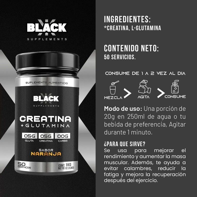 Black 1kg Creatina Glutamina 50 Servicios Varios Sabores
