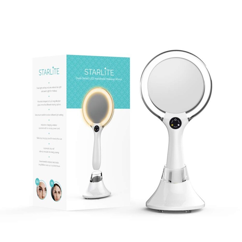 Starlite Handheld Rechargeable Lighted Makeup Mirror with Stand, 1X/5X Magnification,