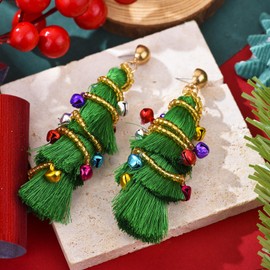 Canboer Christmas Tassel Tree Earrings Green Xmas Ornament Bell Dangle Drop Earrings Festive Holiday Jewelry for Women
