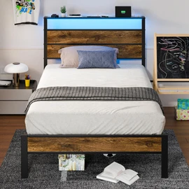 Liians Twin Bed Frame with Storage Headboard USB Charging Station, Smart LED Lights, Metal Platform Bed Easy Assembly, No Box Spring Needed